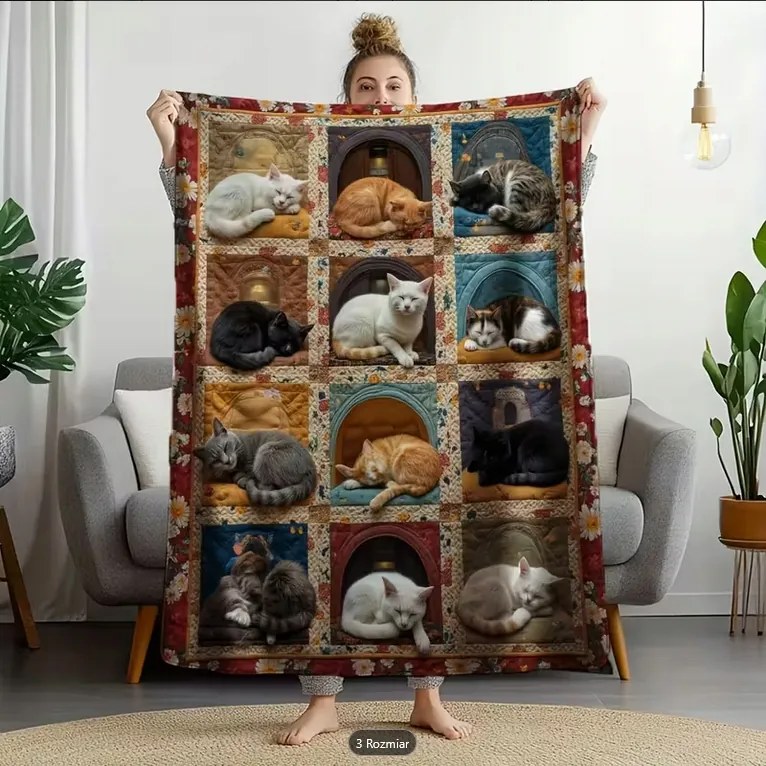 Takaró takaró pléd ágytakaró színes macskák cica macska kollázs boho ajándék 150x200cm