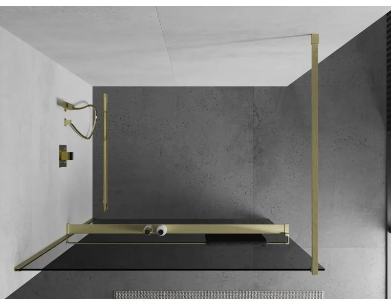 Mexen Kioto+, Walk-In zuhany paraván polccal és akasztóval 90 x 200 cm, 8mm szürke üveg, arany matt profil, 800-090-121-55-40