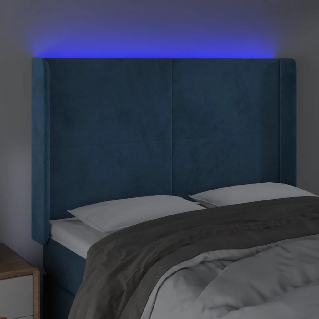 sötétkék bársony LED-es fejtámla 147x16x118/128 cm