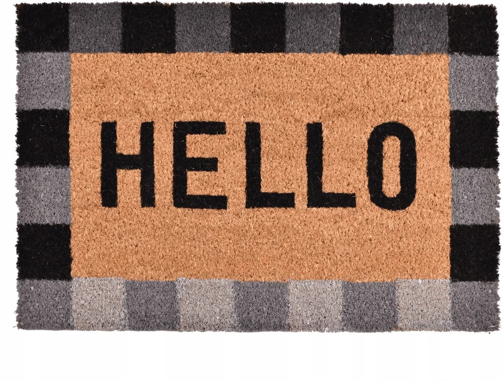 Lábtörlő ajtóhoz 60x40 cm kókusz, Hello Négyzetek nyomattal, barna