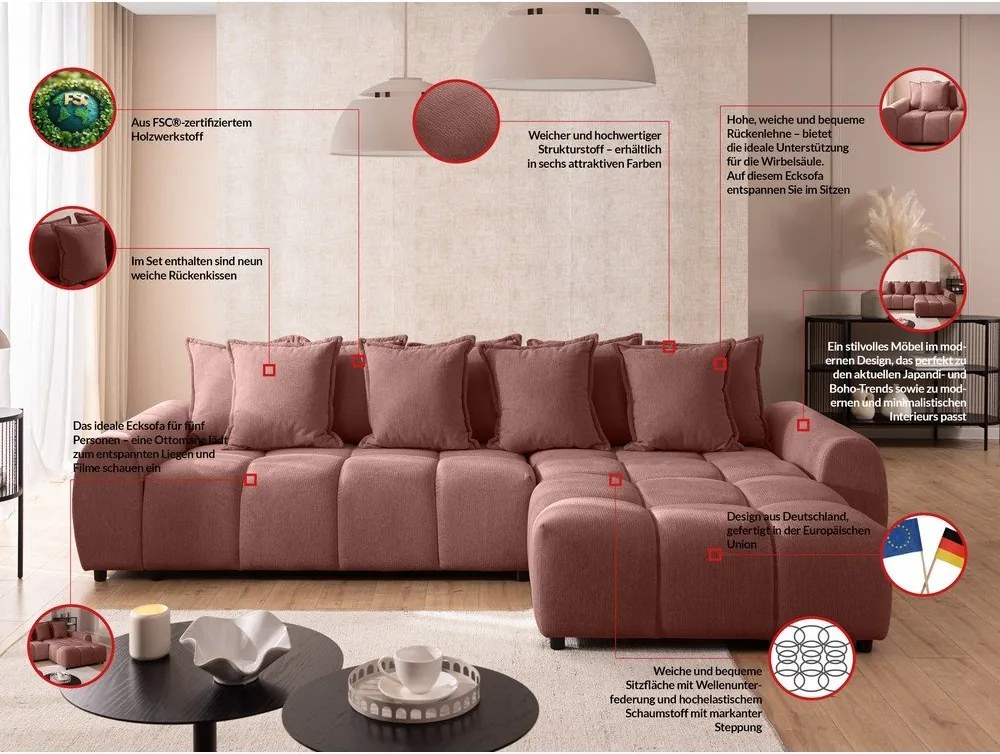 Terrakotta színű sarokkanapé (jobb oldali-heverő résszel) Albane – Ropez