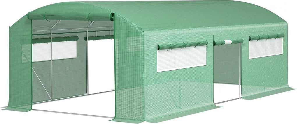Outsunny 6x3x2 m-es Kültéri Üvegház Tunneles Üvegház 6 Hálóablakkal, UV-ellenálló PE Borítással és 3 Felhúzható Cipzáros Ajtóval Zöld Kertben | Aosom