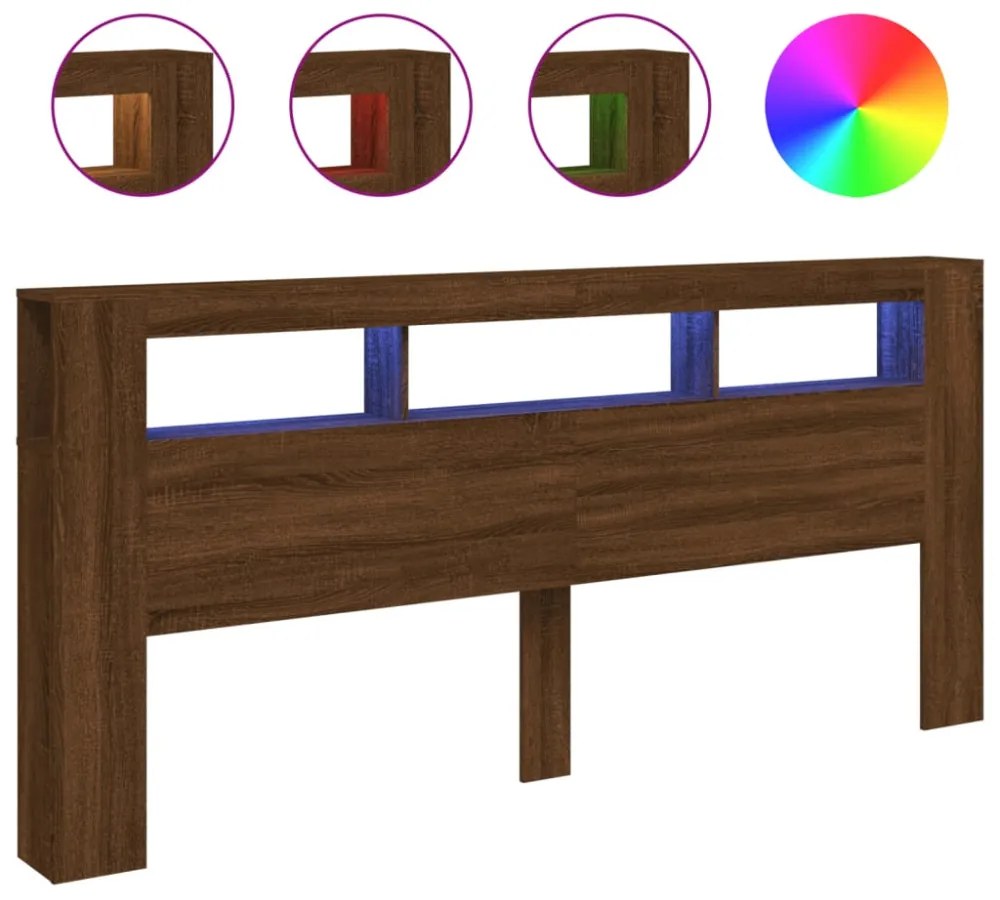 barna tölgyszínű szerelt fa LED-es fejtámla 220x18,5x103,5 cm