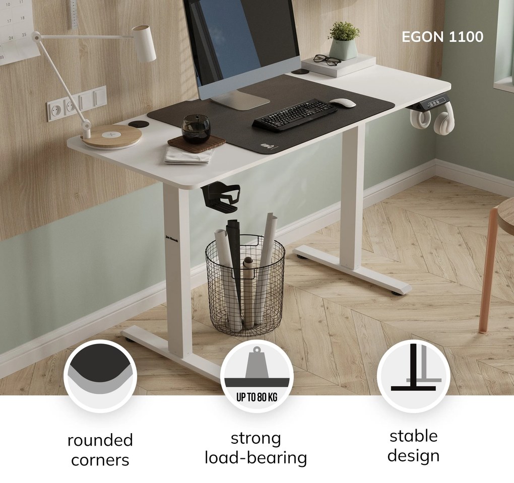 Állítható magasságú elektromos asztal EGON, 1100 x 720 x 600 mm, fehér színű