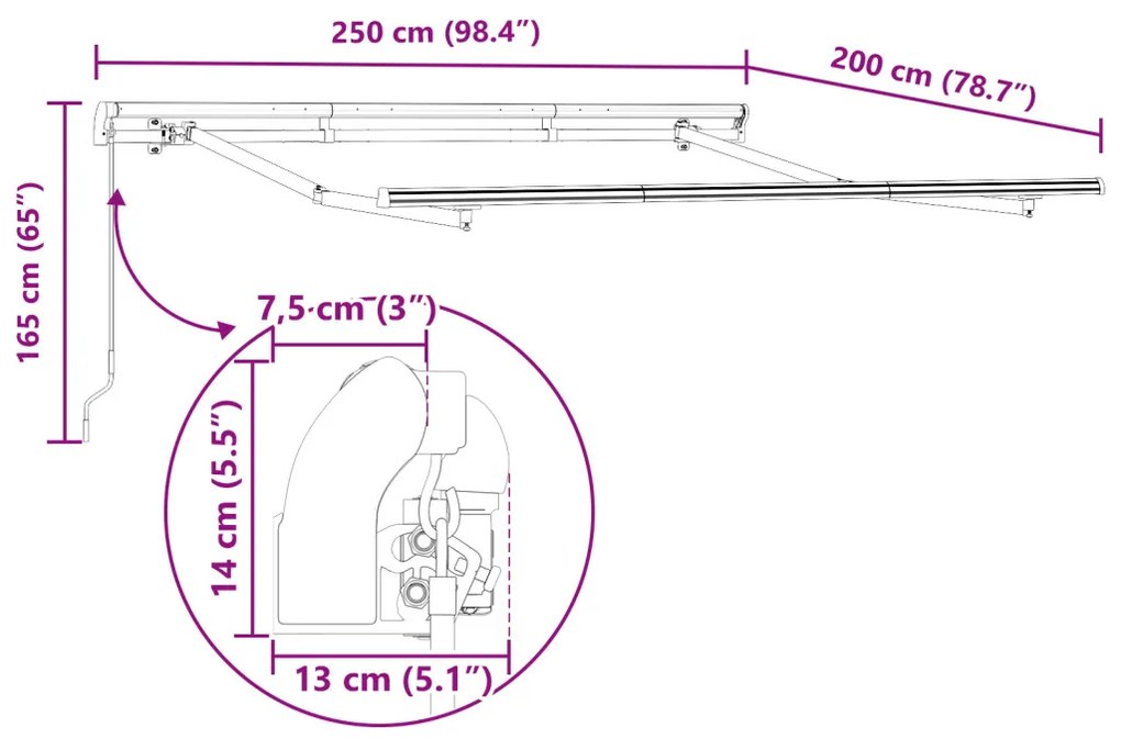 Behúzható kézi napellenző keret 2.5x2 m fém