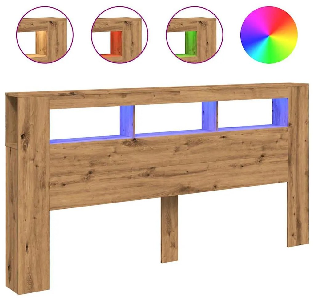 kézműves tölgyszínű szerelt fa LED-es fejtámla 200x18,5x103,5cm