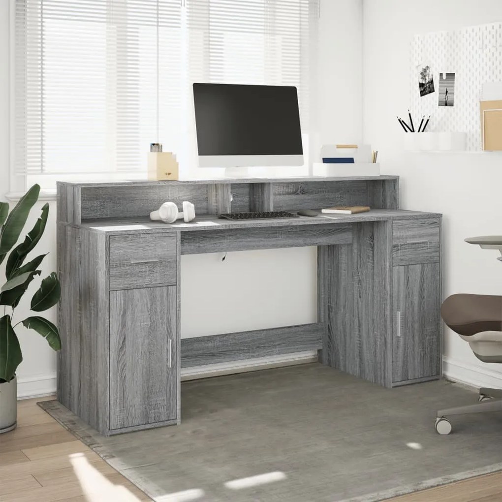 szürke sonoma színű szerelt fa íróasztal LED-ekkel 160x55x91 cm