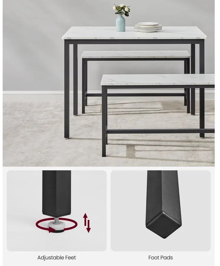 VASAGLE étkezőasztal szett 4 fő részére, konyhaasztal 2 paddal, márványfehér és tintafekete színben