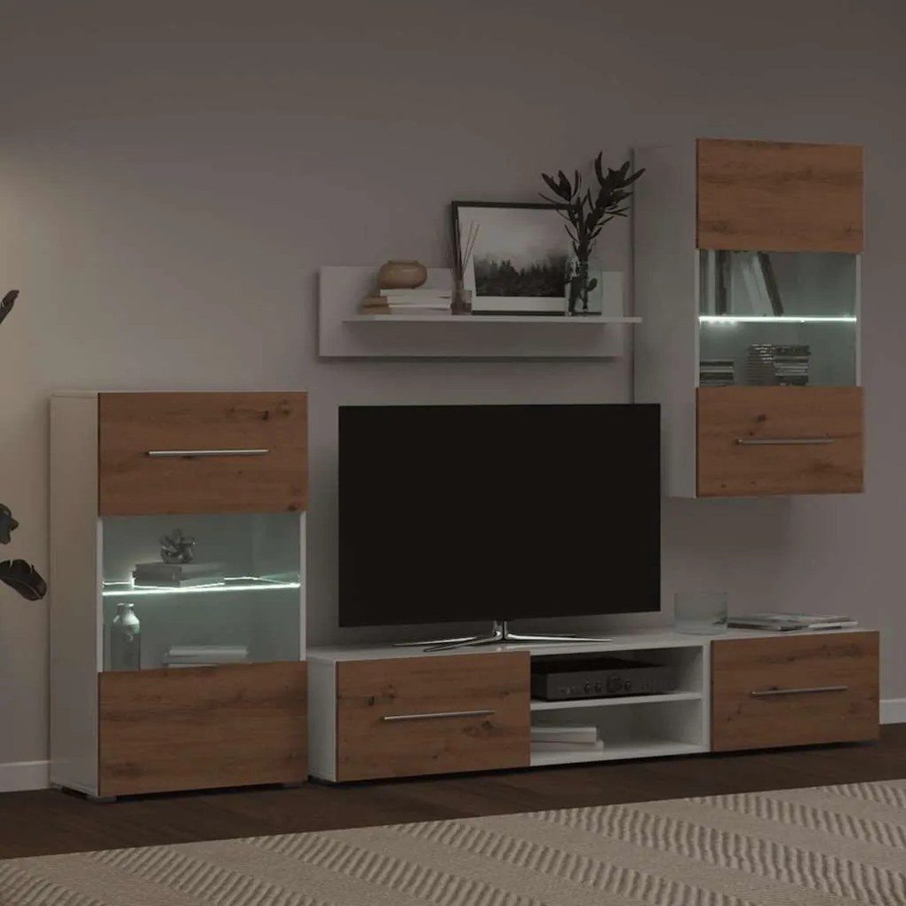 5 darabos TV egység LED világítással kézműves tölgy