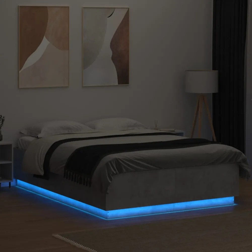 betonszürke szerelt fa ágykeret LED-del 160 x 200 cm