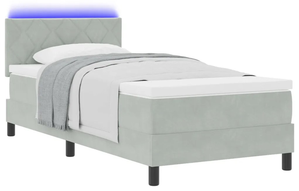 Boxspring Ágy Mattal és LED Fénnyel Világosszürke 90x190 cm Bársony