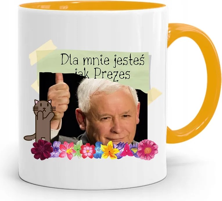 Sárga Vicces Bögre Jaroslaw Kaczynski felirattal, fényképpel