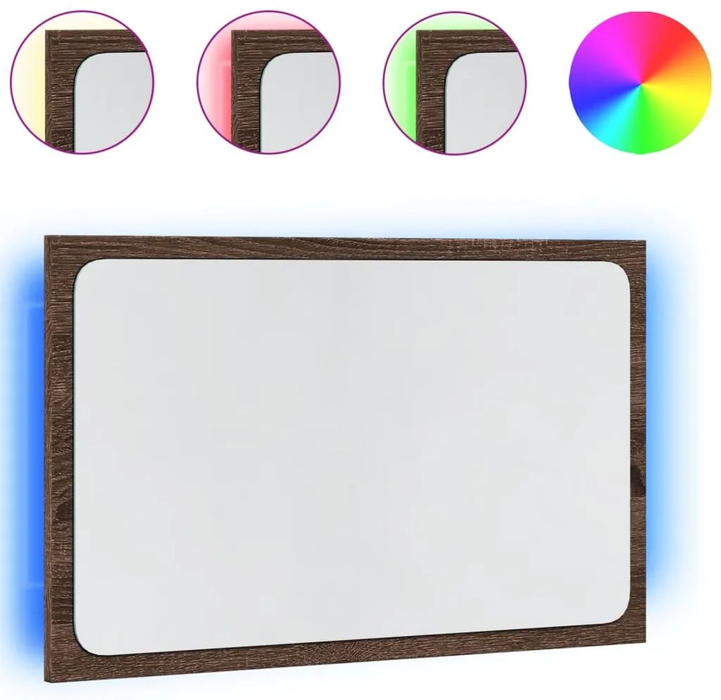 barna tölgy szerelt fa LED-es fürdőszobatükör 60 x 8,5 x 38 cm