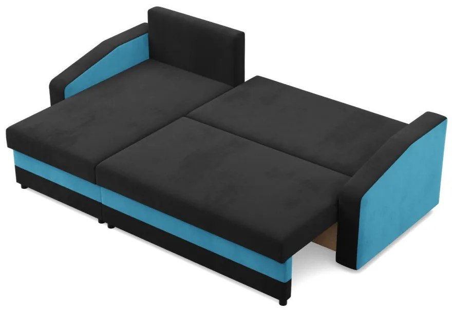 Hewlet sarokkanapé, 2 ágyneműtartóval, szövet anyag, univerzális oldal, bonell töltet, fekete - kék