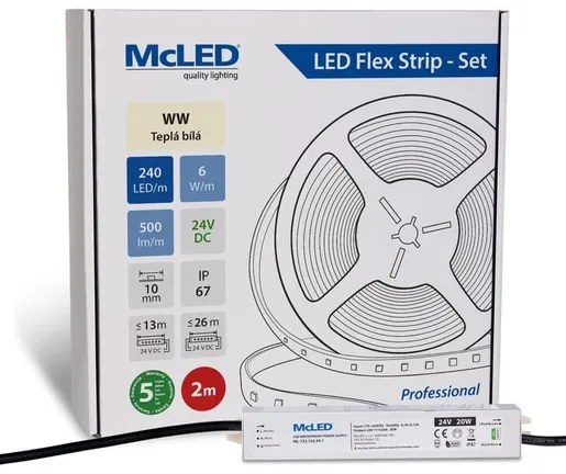 McLED  LED szalag - készlet 2 m, 240 LED/m, WW, 6 W/m, DC 24V, 500 lm/m, CRI90, IP67, 10 mm, Vezető 3 m ML-126.034.90.S02001