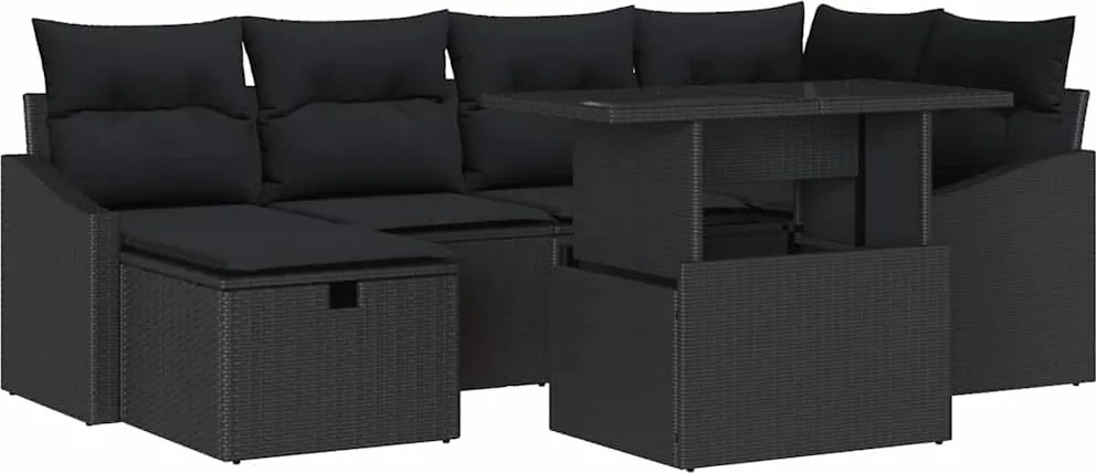 vidaXL Kerti Kanapé Szett párnával tárolóval 7 pcs Fekete Poli rattan