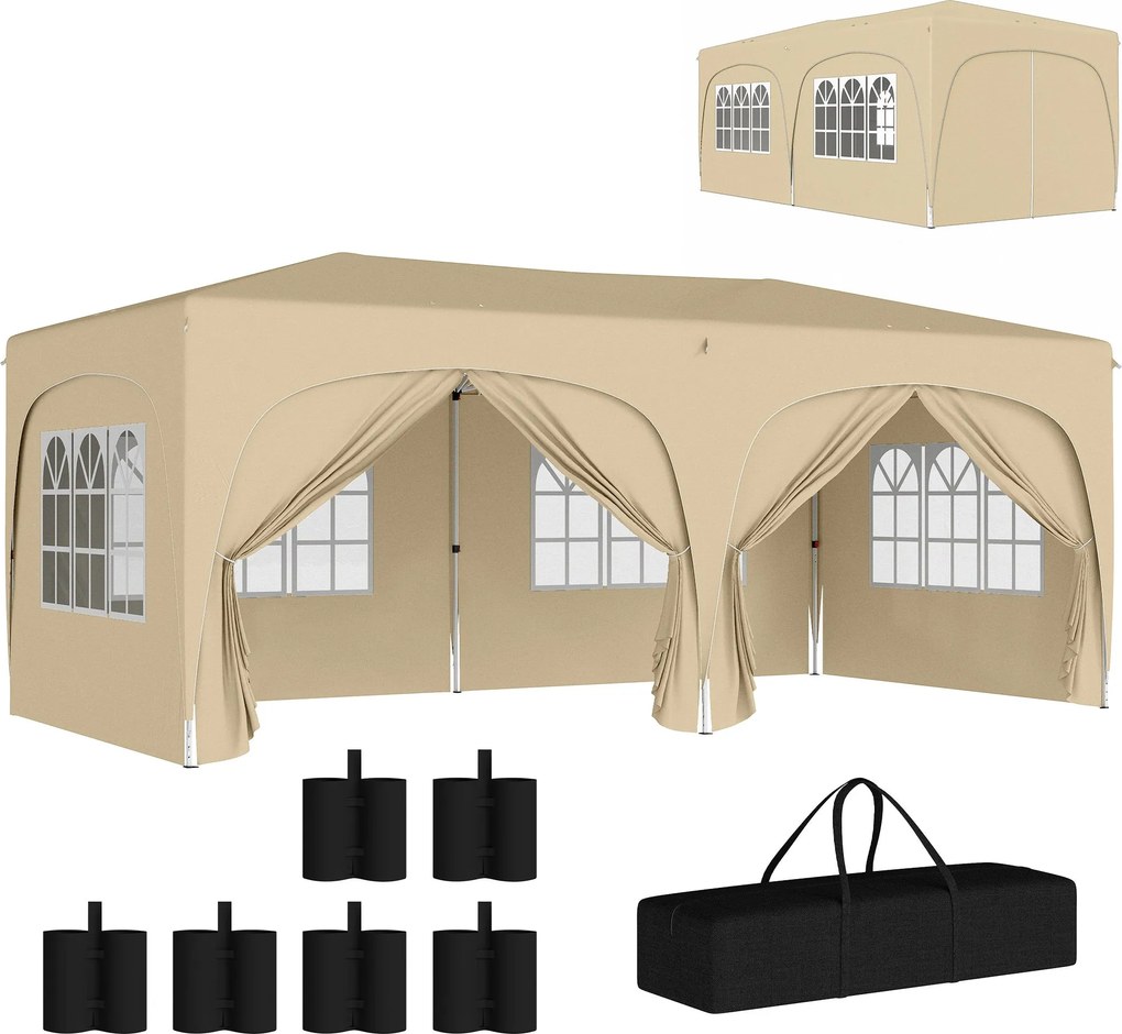 Outsunny Pavilon körülbelül 3x6m, vízálló, stabil, télálló, összecsukható sátor, UV védelem 50+, összecsukható partysátor 6 oldalfallal a kerthez, hom