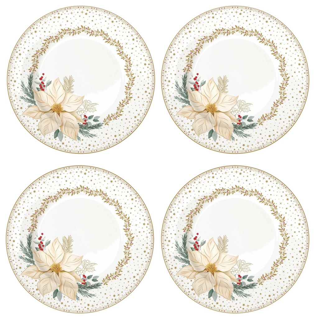 Karácsonyi porcelán desszertes tányér 4 db szett díszdobozban fehér arany mikulásvirág White Elegance