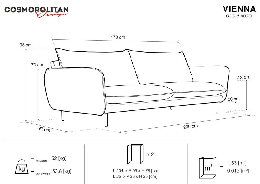 Vienna világosszürke kanapé, 200 cm - Cosmopolitan Design