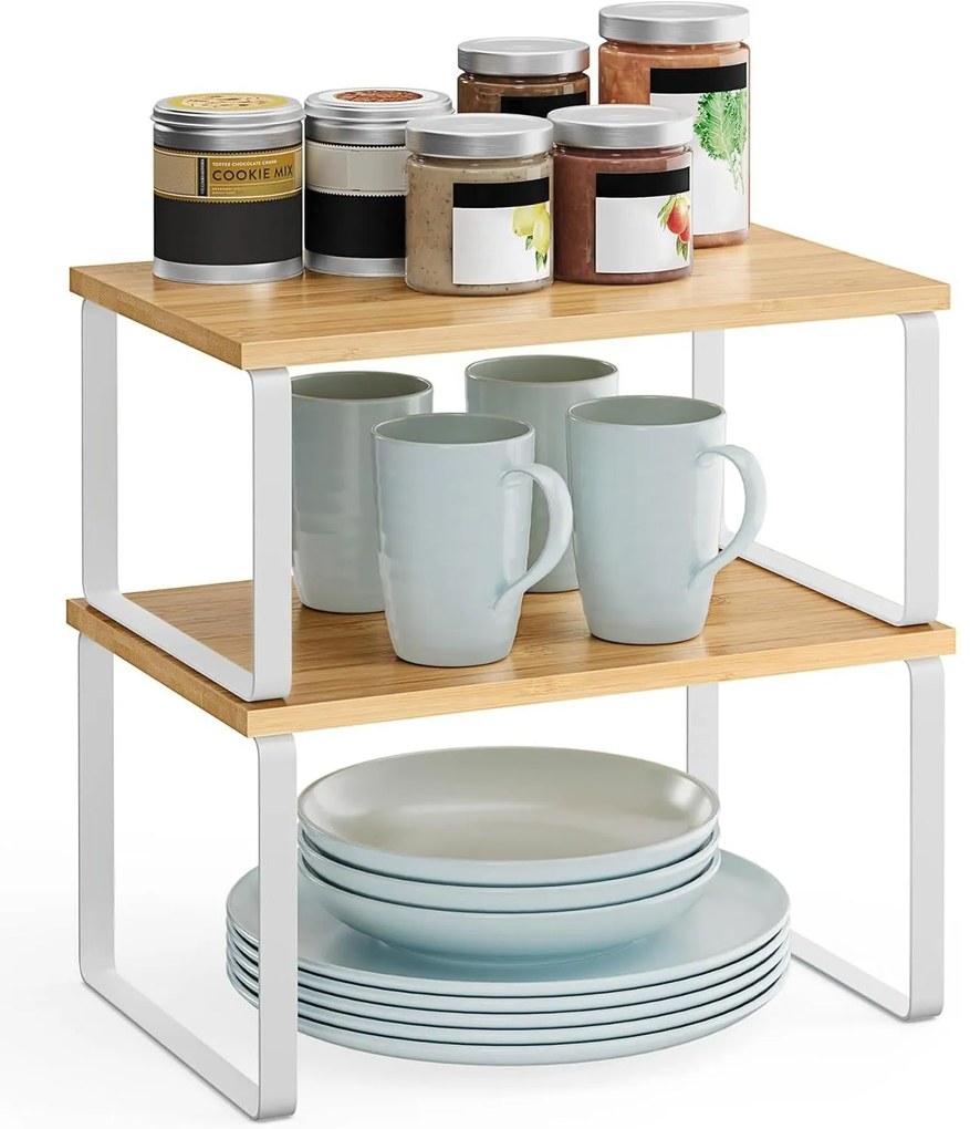 Bambusz fűszertartó, 2 db-os konyhai pult polcrendezők, natúr-fehér