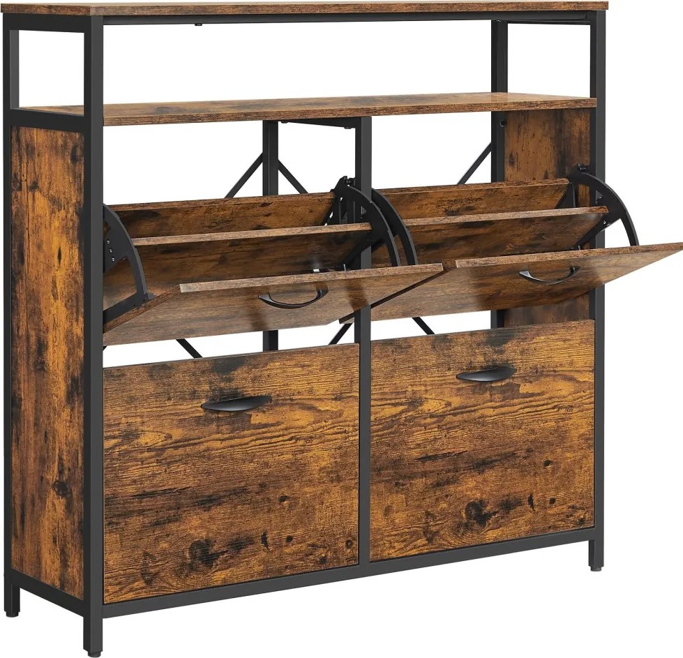 Cipős szekrény 4 ajtós 12-20 pár cipő tárolására, rusztikus barna 98x30x96cm