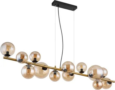 Globo 56135-13H Függeszték fém matt fekete, fém matt sárgaréz, üveg borostyán, kábel PVC átlátszó, HxSzxM: 1200x345x1200mm, üveg átmérő: 6x10cm, 5x12cm, 2x15 cm, benne 13x G9 LED 3.5W 230V, 350lm forrás, 290lm kimenet, 3000K,