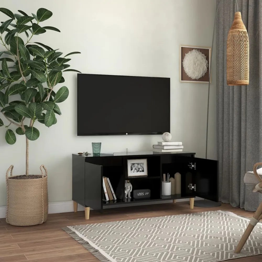 fekete TV-szekrény tömör falábakkal 103,5 x 35 x 50 cm