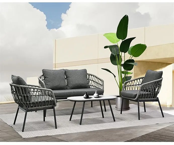 Kerti Ülőgarnitúra, Fém + Polyrattan, Szürke. GREY