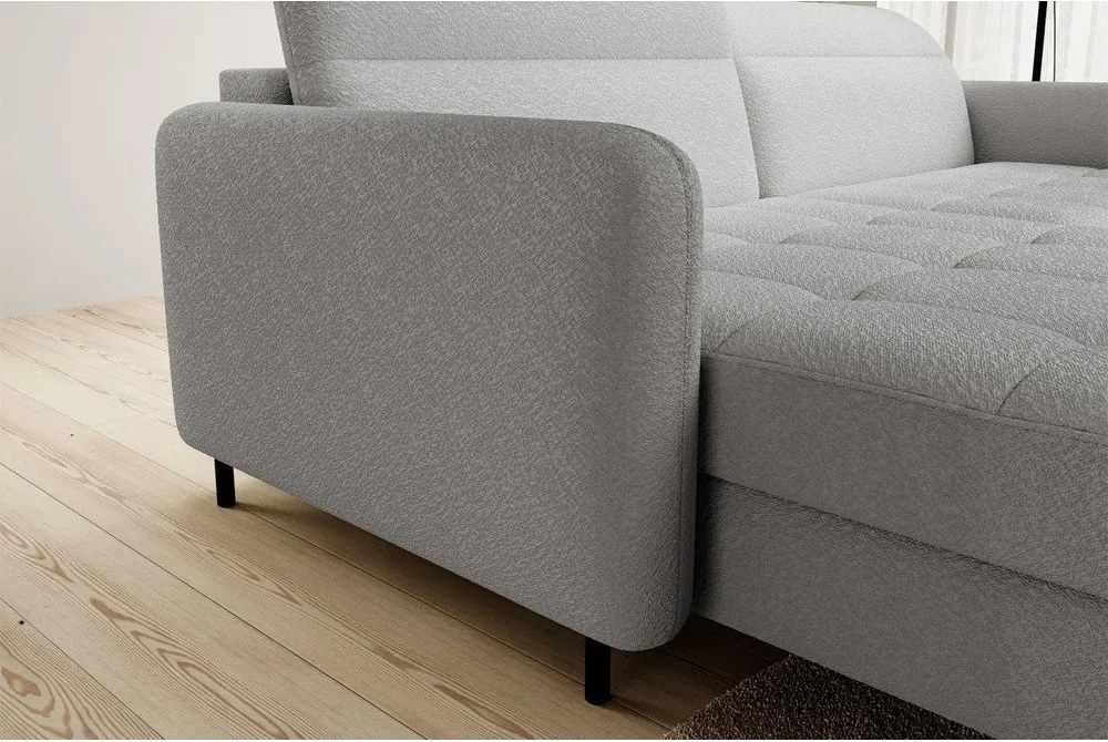 Szürke buklé kinyitható-tárolóhelyes sarokkanapé (bal oldali-heverő résszel) Gomsi – ELTAP