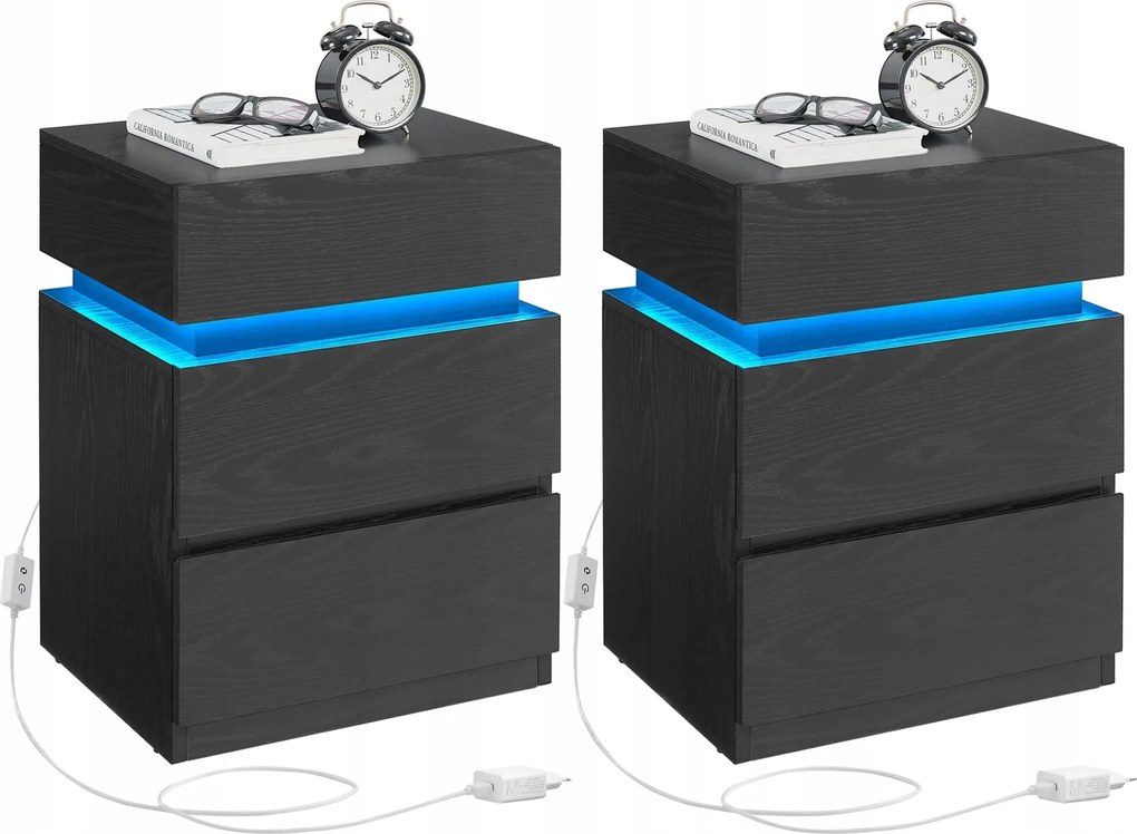 2 db-os Éjjeliszekrény szett Rgb Led világítással 3 fiókos fekete asztal