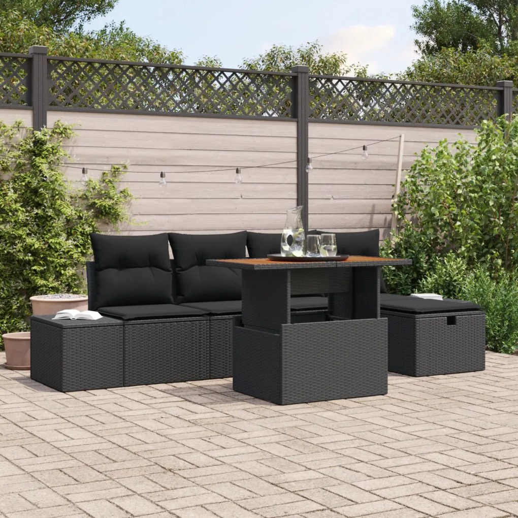 6 darabos Kerti Sofa Szett Párnákkal Fekete Poli Rattan