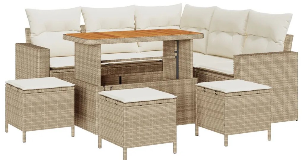 8 darabos Kerti Sofa Szett Párnákkal Bézs Poli Rattan Akác, 3 darabos Kerti Étkező Szett Párnákkal Bézs Poli Rattan Akác