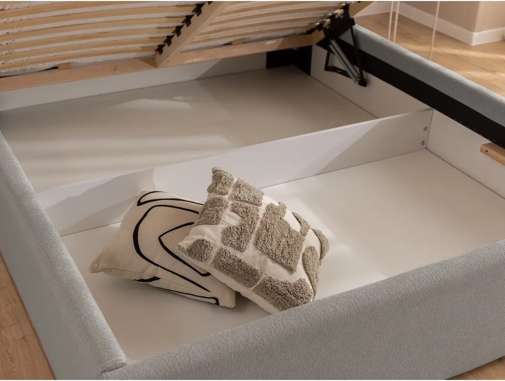 Világosszürke kárpitozott ágyneműtartós franciaágy ágyráccsal 140x200 cm Cille – Ropez