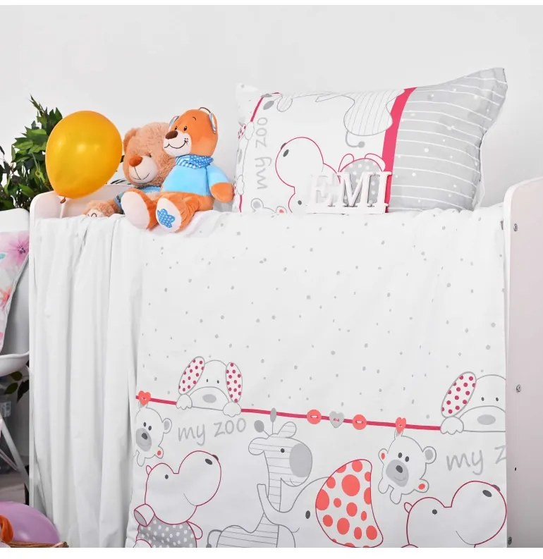 EMI ZOO szürke-piros gyermek ágyneműhuzat, Gyerekgarnitúra 90x130 + 45x65