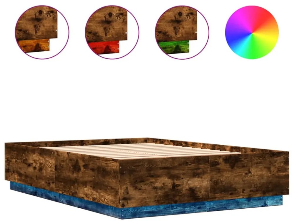 füstös tölgy színű szerelt fa ágykeret LED-del 120 x 200 cm