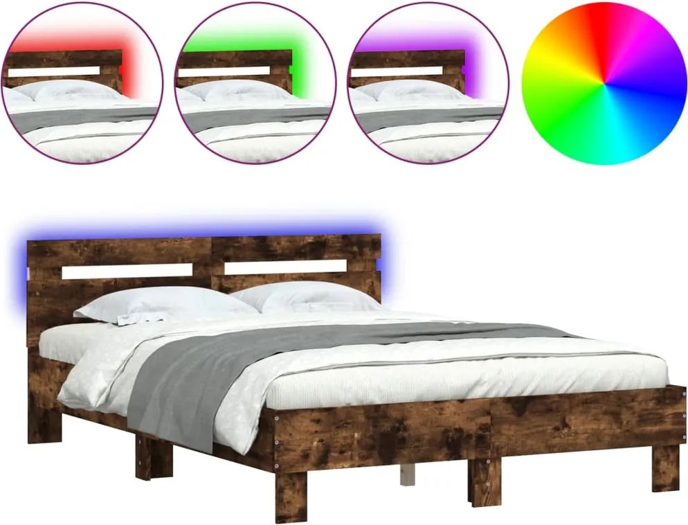 vidaXL füstös tölgy színű ágykeret fejtámlával és LED-del 120x200 cm