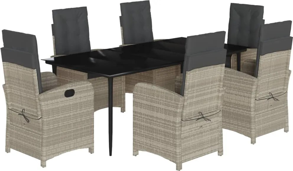 vidaXL 7 részes világosszürke polyrattan kerti étkezőszett párnával