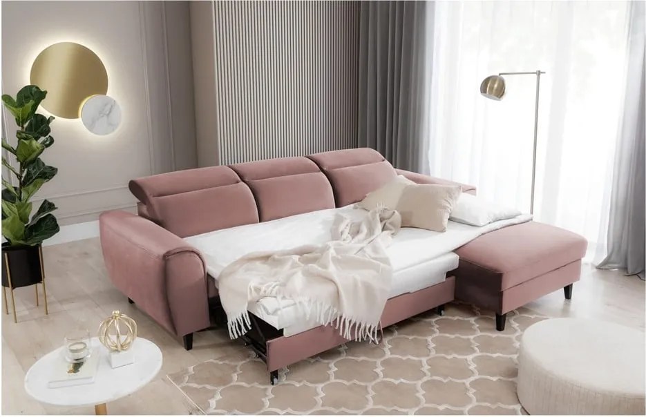 Rózsaszín bársony kinyitható-tárolóhelyes sarokkanapé (jobb oldali-heverő résszel) Foble – ELTAP