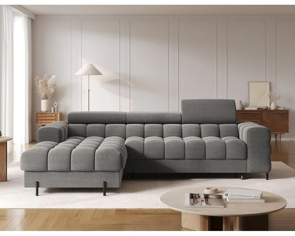 Szürkésbarna bársony kinyitható-tárolóhelyes sarokkanapé (bal oldali-heverő résszel) Felro – ELTAP