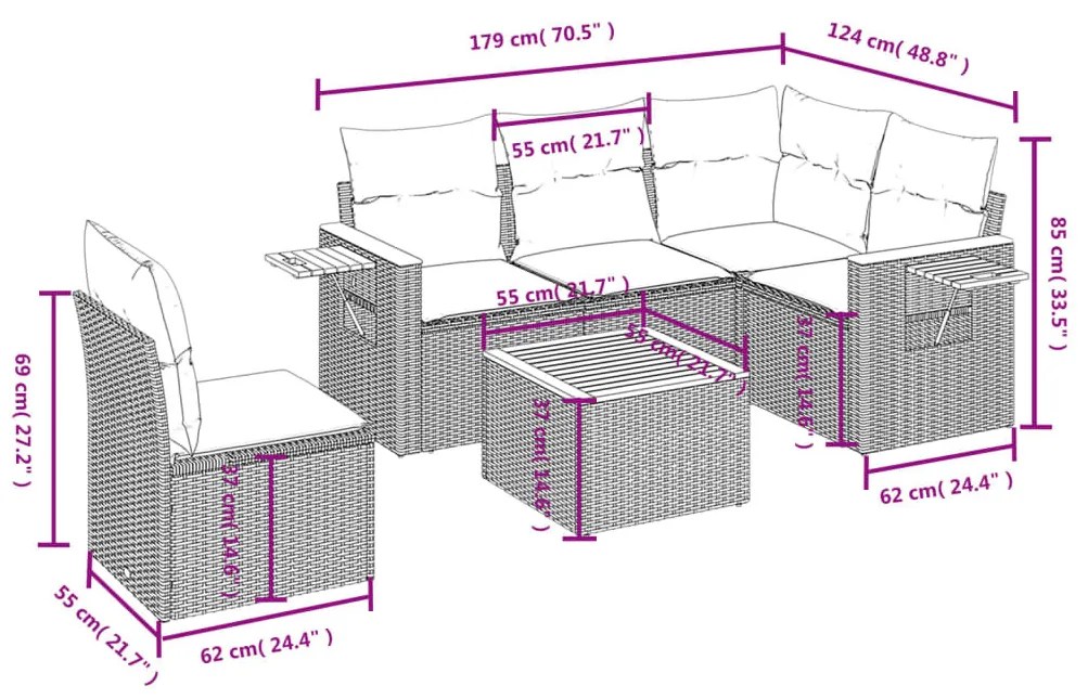 6 részes fekete polyrattan kerti ülőgarnitúra párnákkal