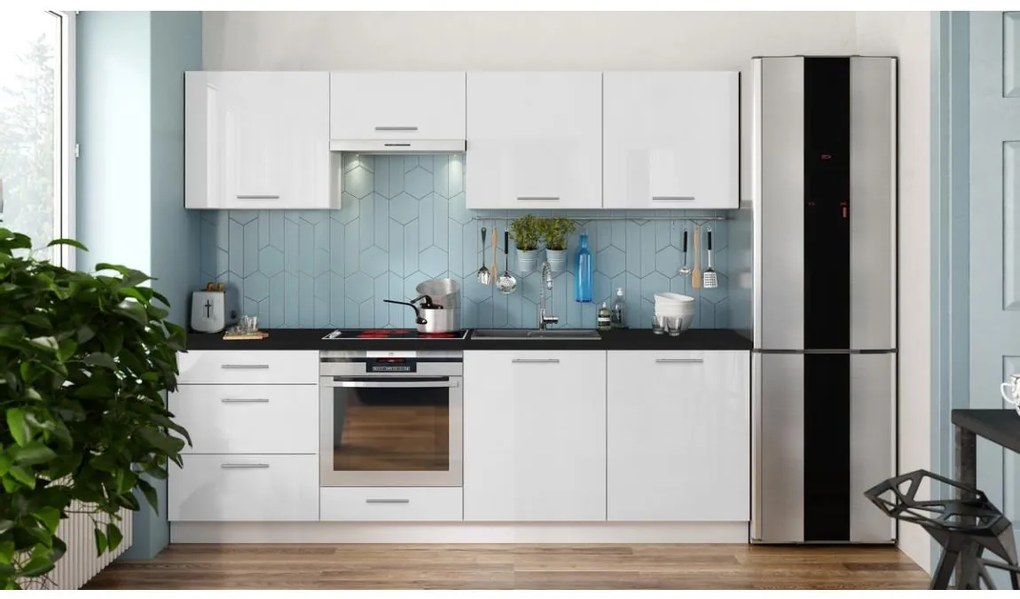 CELESTE 240 cm-es fényes fehér konyhabútor