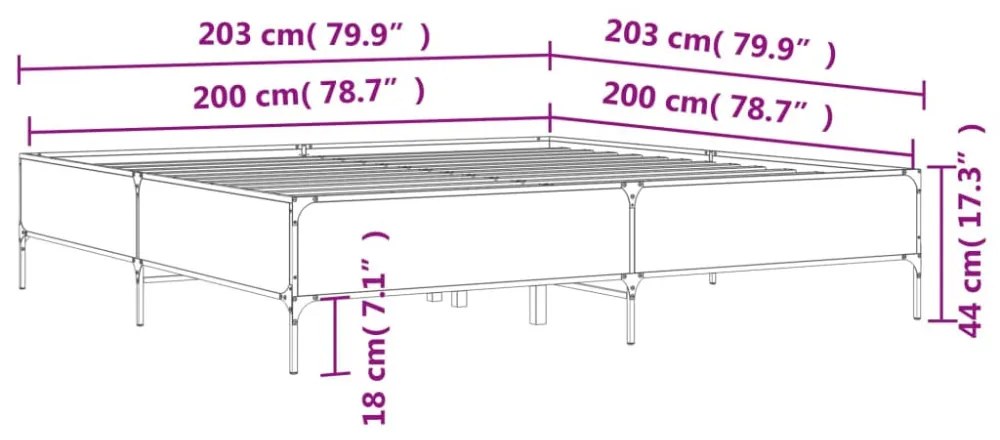 füstös tölgy színű szerelt fa és fém ágykeret 200 x 200 cm
