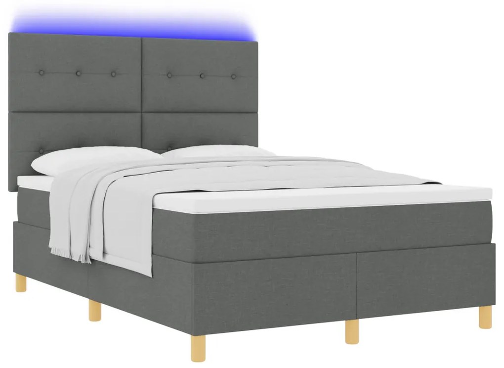 Box Spring ágy matraccal és LED világítással sötétszürke 140x200 cm szövet