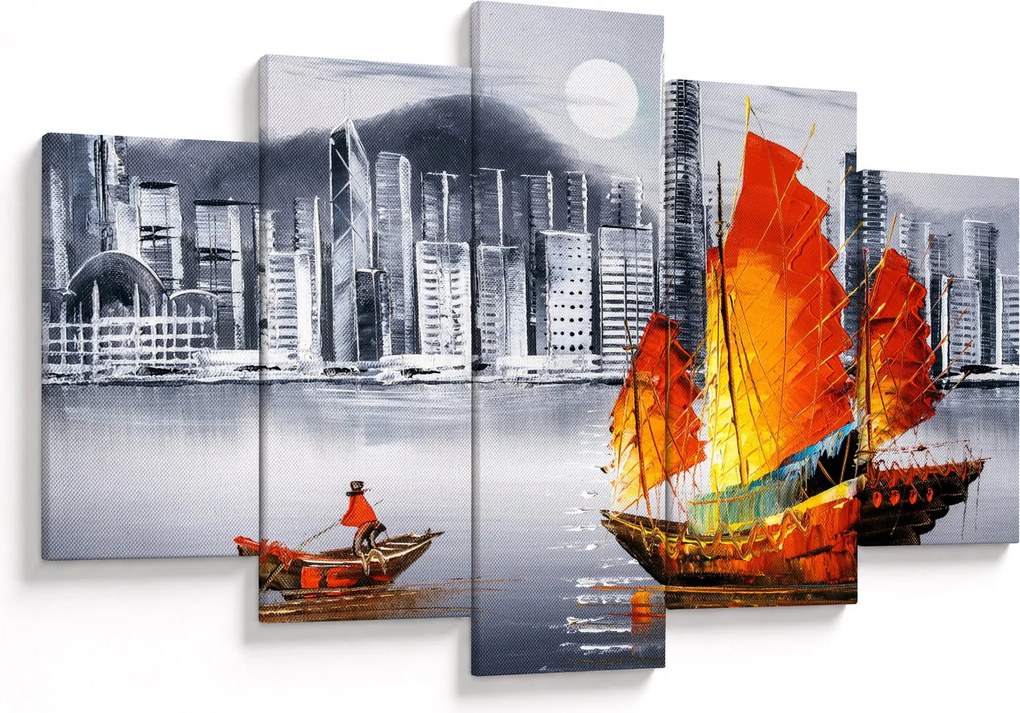 Festmény - Victoria Harbour, Hong Kong, fekete-fehér olajfestmény (150x105 cm)