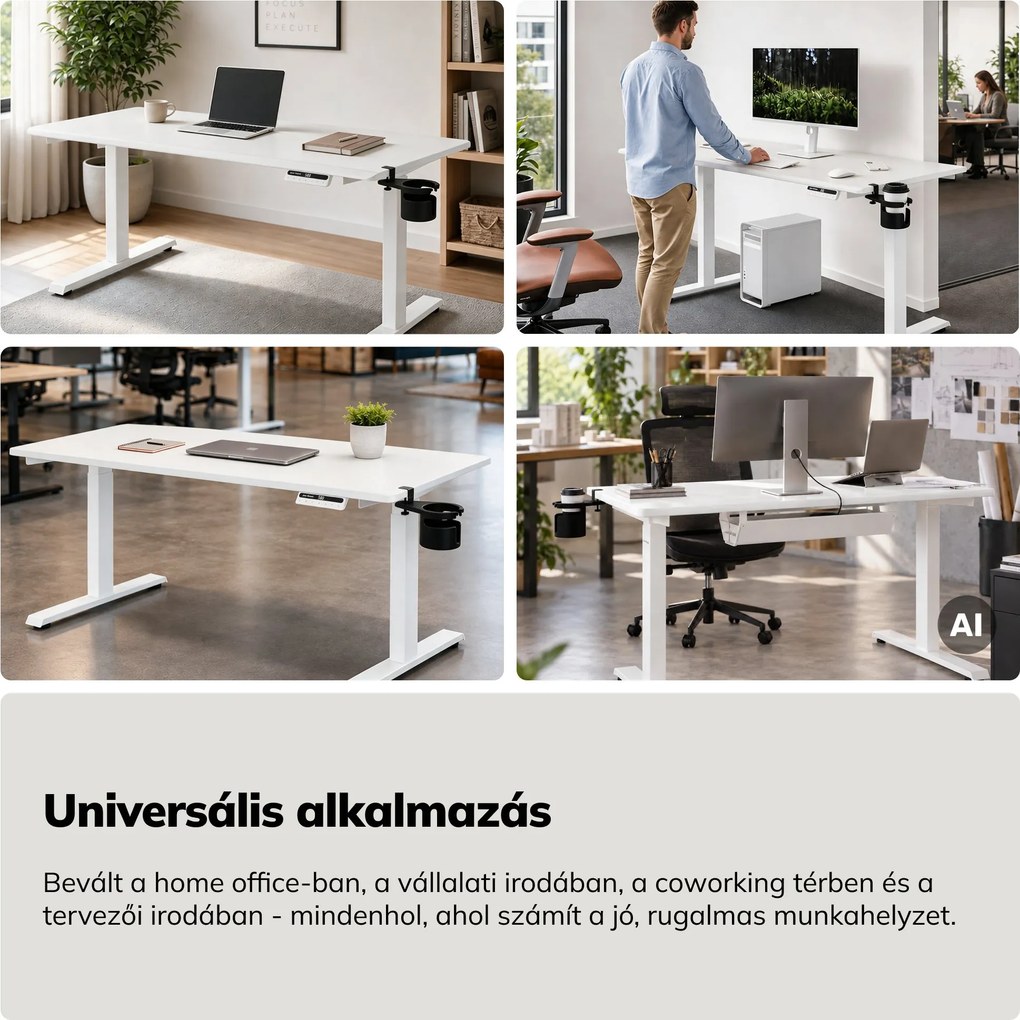 Elektromos, állítható magasságú, ergonomikus, fehér íróasztal,1400x700 mm: ARIA
