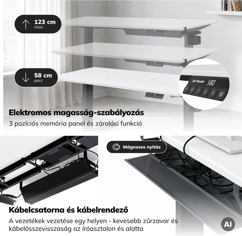 Elektromos íróasztal magasságállítással ergonomikus antracit-fehér, 1400x700 mm: ARIA
