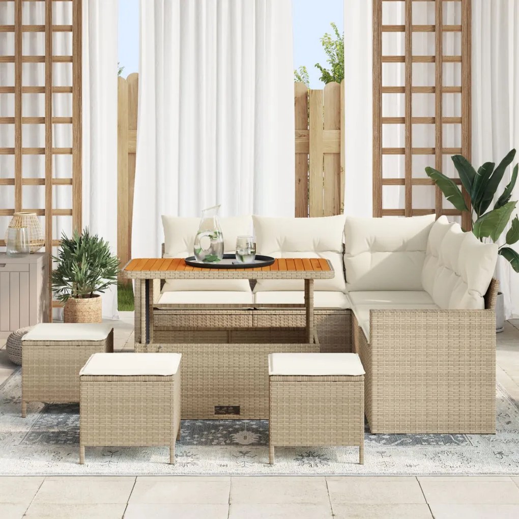 8 darabos Kerti Sofa Szett Párnákkal Bézs Poli Rattan Akác, 3 darabos Kerti Étkező Szett Párnákkal Bézs Poli Rattan Akác