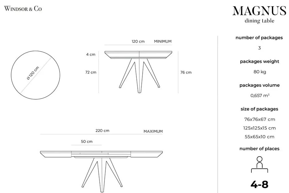 Kerek bővíthető étkezőasztal tölgyfa dekoros asztallappal hosszabbító asztallappal ø 120 cm Magnus – Windsor & Co Sofas