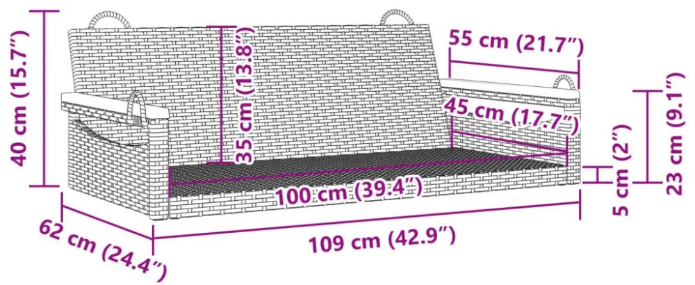 fekete polyrattan hintapad 109 x 62 x 40 cm