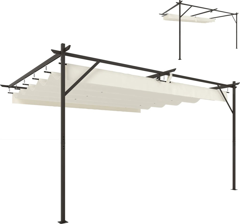 Outsunny 4 × 3 m kerti fali pergola kihúzható tetővel, UPF30+ védelem, vízelvezetés és fémszerkezet — krémszínű | Aosom